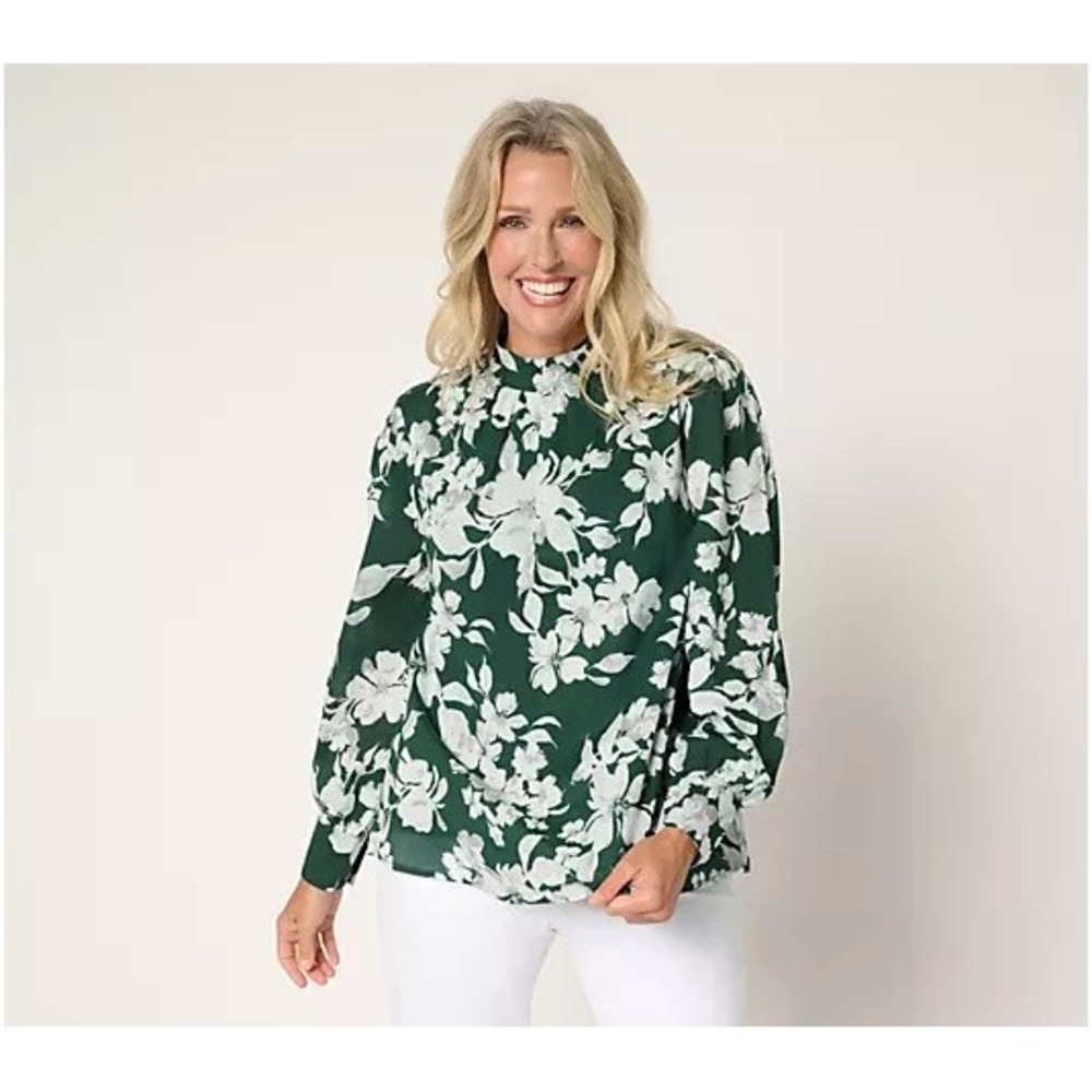 BEAUTIFUL by Lawrence Zarian Printed Mock Neck Blouse Dark Fern, Small